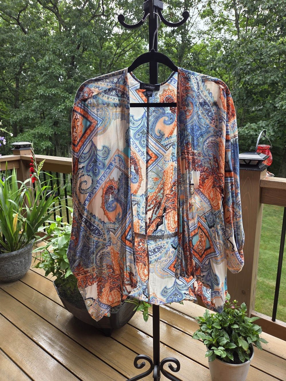 Karen Kane Paisley-Print Open Cardigan in Blue and Coral